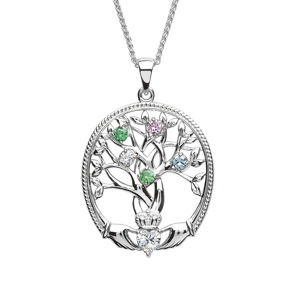 Irish Family Claddagh Tree of Life Birthstone Pendant, 5 Stone at ...